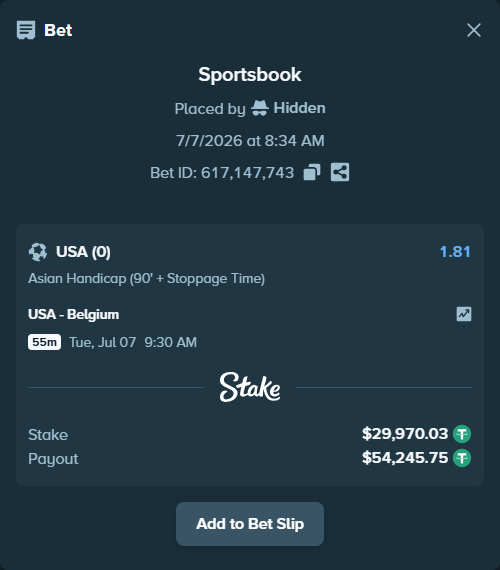 Bet slip: USA - Belgium, $30,000.00 stake at 1.81 odds, placed by Hidden