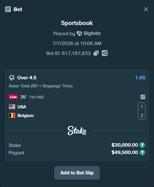 Bet slip: USA - Belgium, $30,030.00 stake at 1.65 odds, placed by Bigfoltz