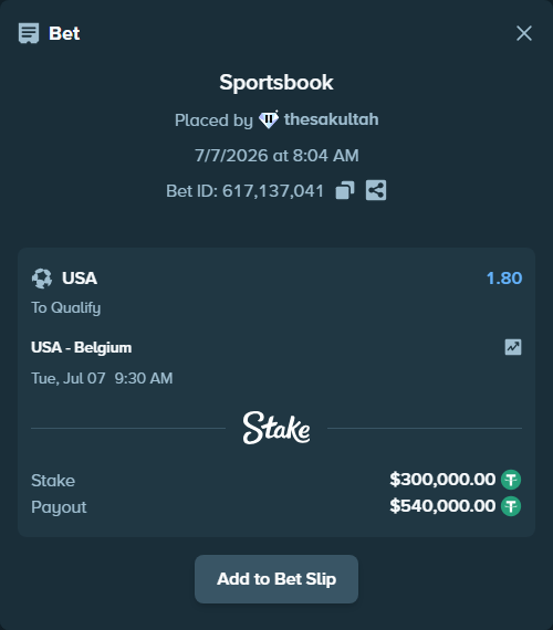Bet slip: USA - Belgium, $300,300.00 stake at 1.80 odds, placed by thesakultah