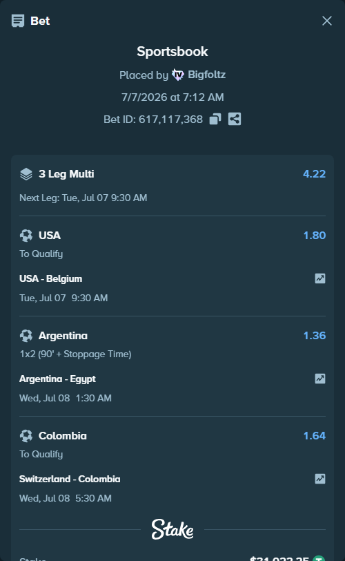 Bet slip: USA - Belgium, $31,053.27 stake at 1.80 odds, placed by Bigfoltz