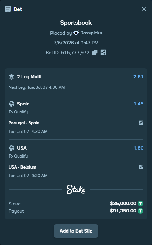 Bet slip: USA - Belgium, $35,035.00 stake at 1.80 odds, placed by Rosspicks