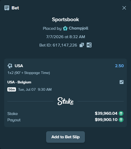 Bet slip: USA - Belgium, $40,000.00 stake at 2.50 odds, placed by Champjoll