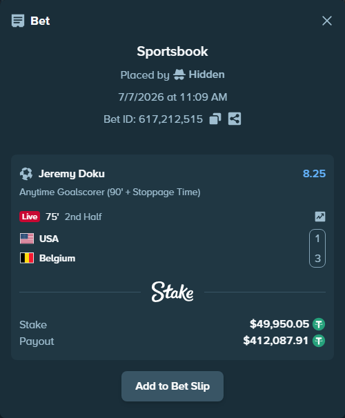 Bet slip: USA - Belgium, $50,000.00 stake at 8.25 odds, placed by Hidden