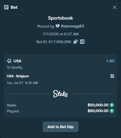 Bet slip: USA - Belgium, $50,050.00 stake at 1.80 odds, placed by Bajarangg83