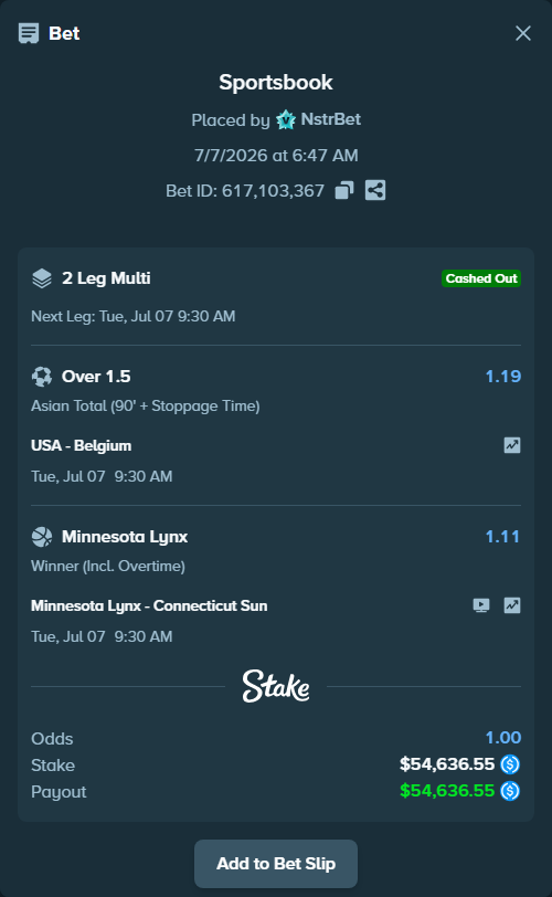 Bet slip: USA - Belgium, $54,636.55 stake at 1.19 odds, placed by NstrBet