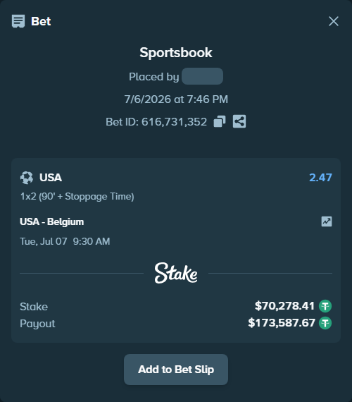 Bet slip: USA - Belgium, $70,348.69 stake at 2.47 odds, placed by Bigfoltz