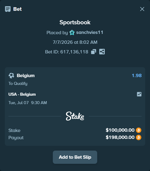 Bet slip: USA - Belgium, $100,023.82 stake at 1.98 odds, placed by sanchvies11