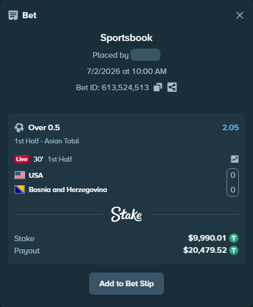 Bet slip: USA - Bosnia and Herzegovina, $10,000.00 stake at 2.05 odds, placed by Rewş721