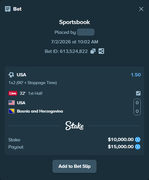 Bet slip: USA - Bosnia and Herzegovina, $10,000.00 stake at 1.50 odds, placed by Igorko999