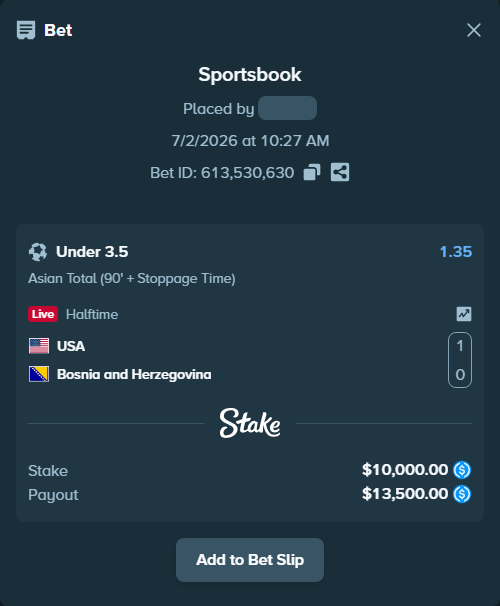 Bet slip: USA - Bosnia and Herzegovina, $10,000.00 stake at 1.35 odds, placed by hagrid17