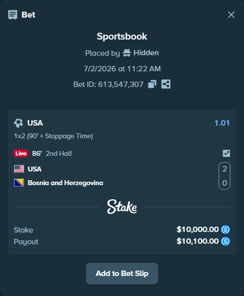 Bet slip: USA - Bosnia and Herzegovina, $10,000.00 stake at 1.01 odds, placed by Hidden