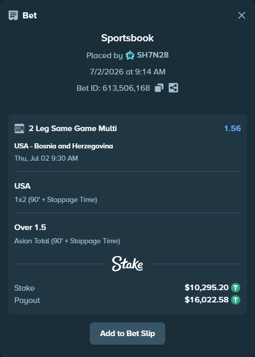 Bet slip: USA - Bosnia and Herzegovina, $10,305.50 stake at 1.36 odds, placed by SH7N28