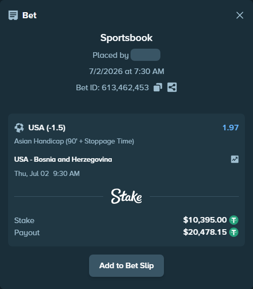 Bet slip: USA - Bosnia and Herzegovina, $10,405.39 stake at 1.97 odds, placed by zhanjinkun