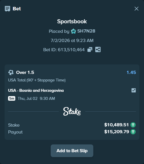 Bet slip: USA - Bosnia and Herzegovina, $10,500.00 stake at 1.45 odds, placed by SH7N28