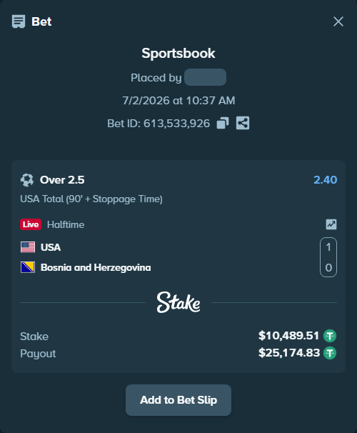 Bet slip: USA - Bosnia and Herzegovina, $10,500.00 stake at 2.40 odds, placed by Rewş721
