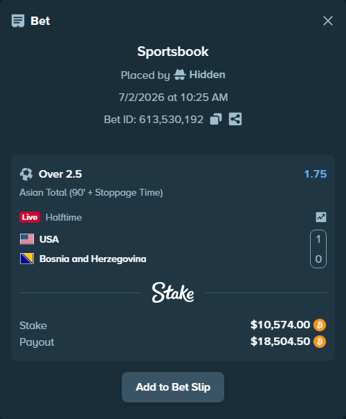 Bet slip: USA - Bosnia and Herzegovina, $11,158.94 stake at 1.75 odds, placed by Hidden