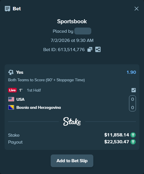 Bet slip: USA - Bosnia and Herzegovina, $11,870.00 stake at 1.90 odds, placed by Pepi1968