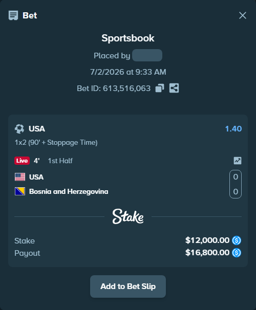 Bet slip: USA - Bosnia and Herzegovina, $12,000.00 stake at 1.40 odds, placed by Andhjelm