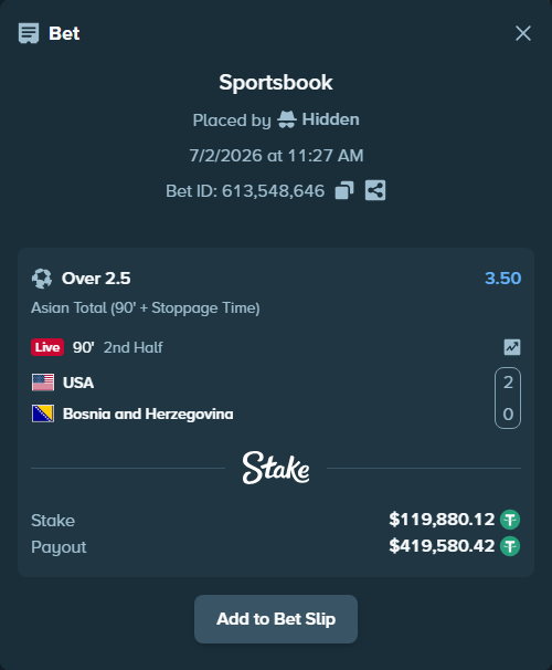 Bet slip: USA - Bosnia and Herzegovina, $120,000.00 stake at 3.50 odds, placed by Hidden