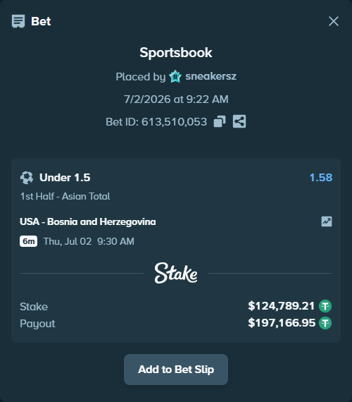 Bet slip: USA - Bosnia and Herzegovina, $124,914.00 stake at 1.58 odds, placed by sneakersz