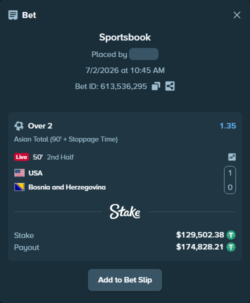 Bet slip: USA - Bosnia and Herzegovina, $129,631.88 stake at 1.35 odds, placed by sneakersz