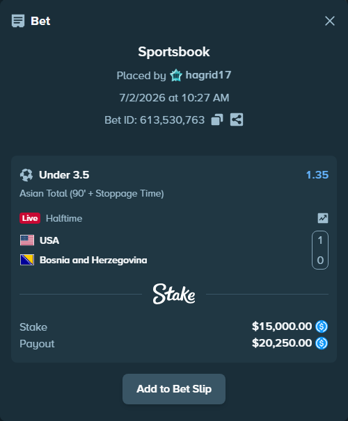 Bet slip: USA - Bosnia and Herzegovina, $15,000.00 stake at 1.35 odds, placed by hagrid17