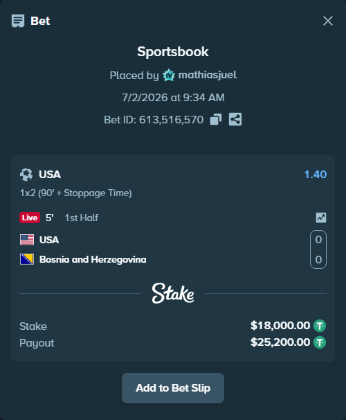 Bet slip: USA - Bosnia and Herzegovina, $18,018.00 stake at 1.40 odds, placed by mathiasjuel