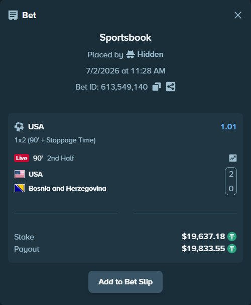 Bet slip: USA - Bosnia and Herzegovina, $19,656.82 stake at 1.01 odds, placed by Hidden