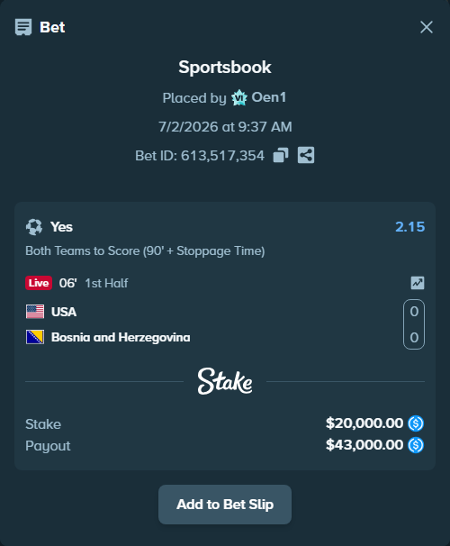 Bet slip: USA - Bosnia and Herzegovina, $20,000.00 stake at 2.15 odds, placed by Oen1