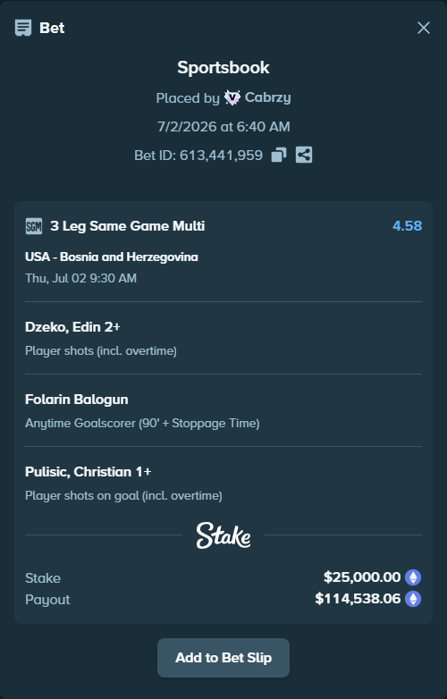Bet slip: USA - Bosnia and Herzegovina, $27,733.54 stake at 1.58 odds, placed by Cabrzy