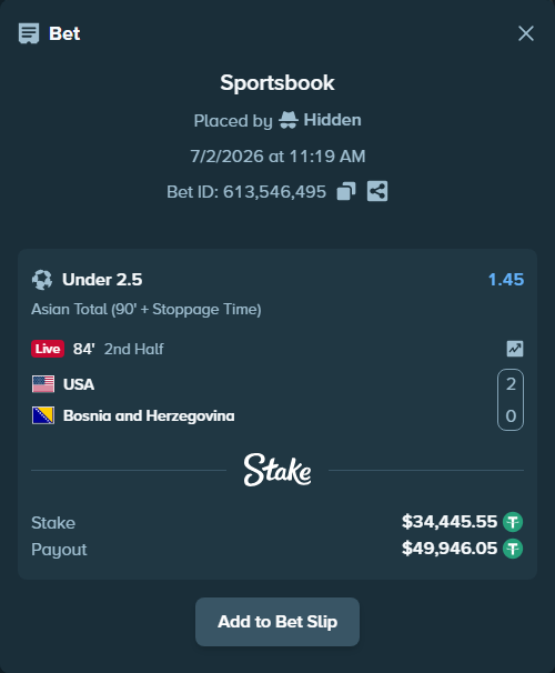 Bet slip: USA - Bosnia and Herzegovina, $34,480.00 stake at 1.45 odds, placed by Hidden