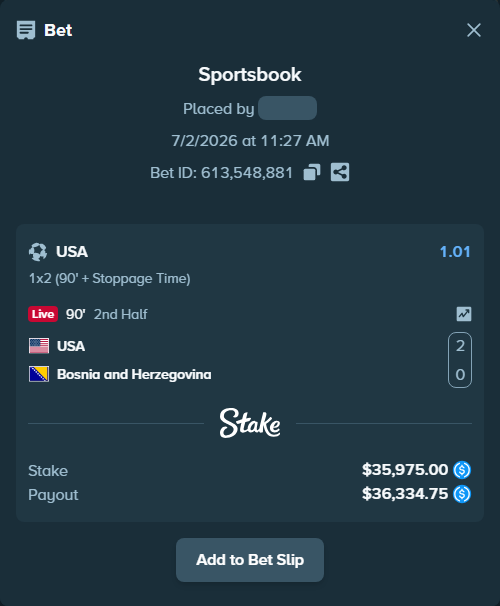 Bet slip: USA - Bosnia and Herzegovina, $35,975.00 stake at 1.01 odds, placed by bappuji668
