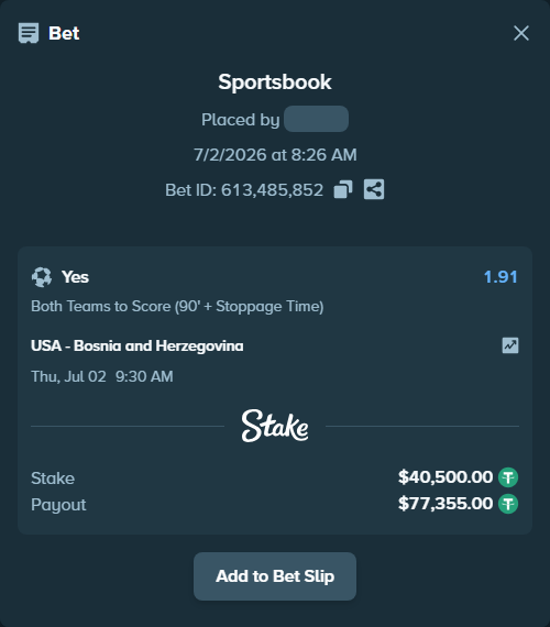 Bet slip: USA - Bosnia and Herzegovina, $40,540.50 stake at 1.91 odds, placed by Bajarangg83