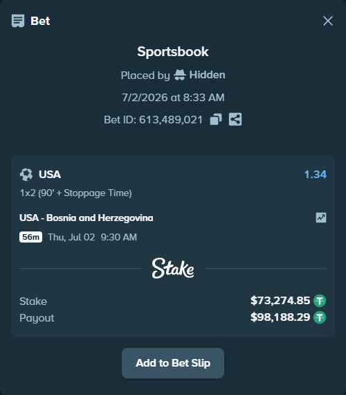 Bet slip: USA - Bosnia and Herzegovina, $73,348.12 stake at 1.34 odds, placed by SpivX