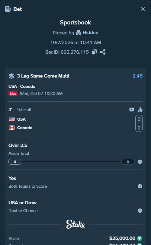 Bet slip: USA - Canada, $25,000.00 stake at 1.60 odds, placed by Hidden