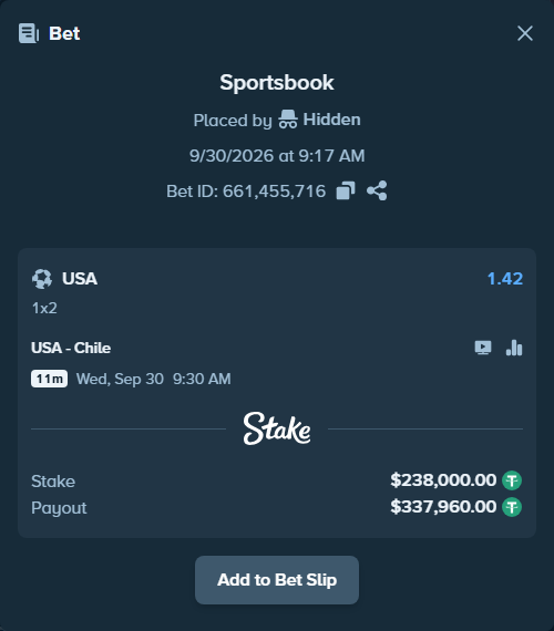 Bet slip: USA - Chile, $238,000.00 stake at 1.42 odds, placed by Hidden