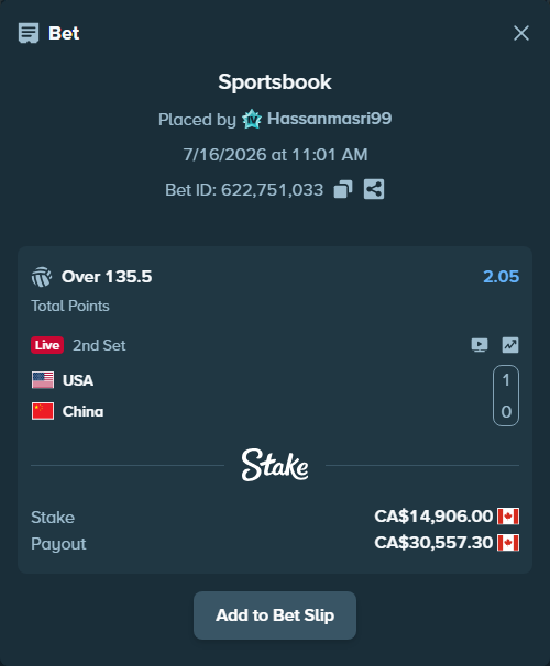 Bet slip: USA - China, $11,030.44 stake at 2.05 odds, placed by Hassanmasri99