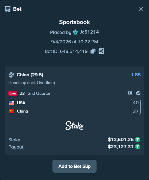 Bet slip: USA - China, $12,500.00 stake at 1.85 odds, placed by Jc51214