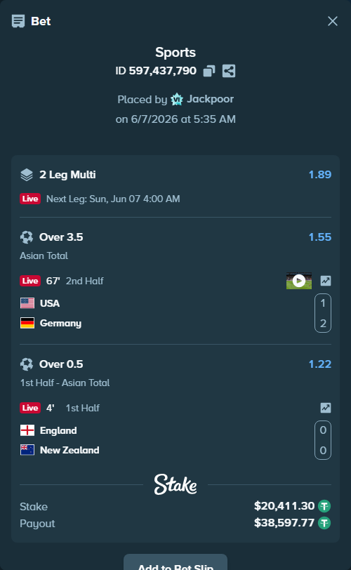 Bet slip: USA - Germany, $20,411.30 stake at 1.55 odds, placed by Jackpoor