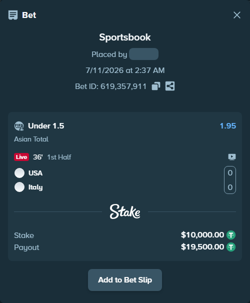 Bet slip: USA - Italy, $10,010.00 stake at 1.95 odds, placed by AsTraL11