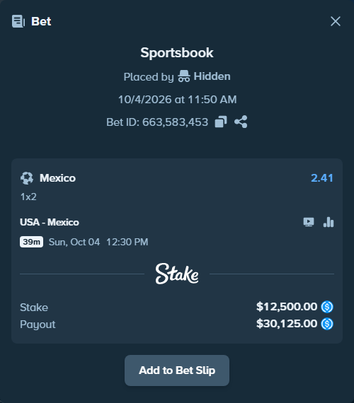 Bet slip: USA - Mexico, $12,500.00 stake at 2.41 odds, placed by Kazlic