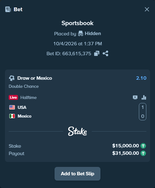 Bet slip: USA - Mexico, $15,000.00 stake at 2.10 odds, placed by DMNTE96