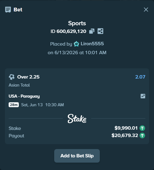 Bet slip: USA - Paraguay, $10,000.00 stake at 2.07 odds, placed by Liron5555