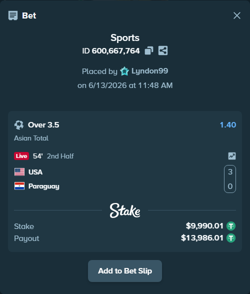 Bet slip: USA - Paraguay, $10,000.00 stake at 1.40 odds, placed by Lyndon99