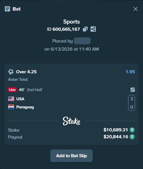 Bet slip: USA - Paraguay, $10,700.00 stake at 1.95 odds, placed by Liron5555