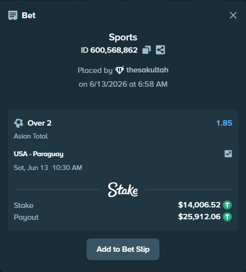 Bet slip: USA - Paraguay, $14,006.52 stake at 1.85 odds, placed by thesakultah