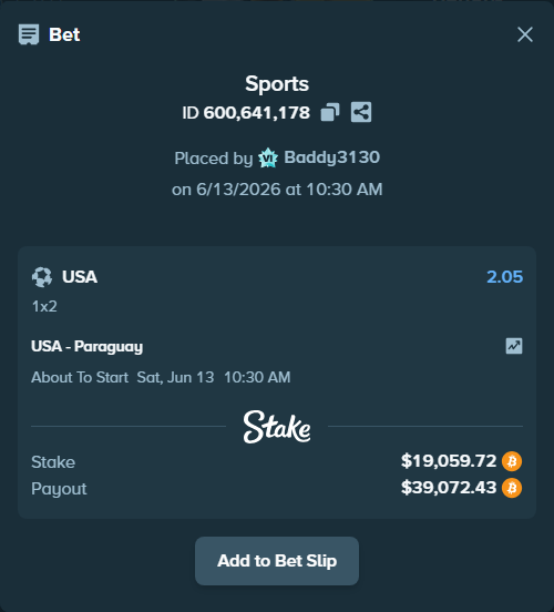 Bet slip: USA - Paraguay, $19,299.00 stake at 2.05 odds, placed by Baddy3130