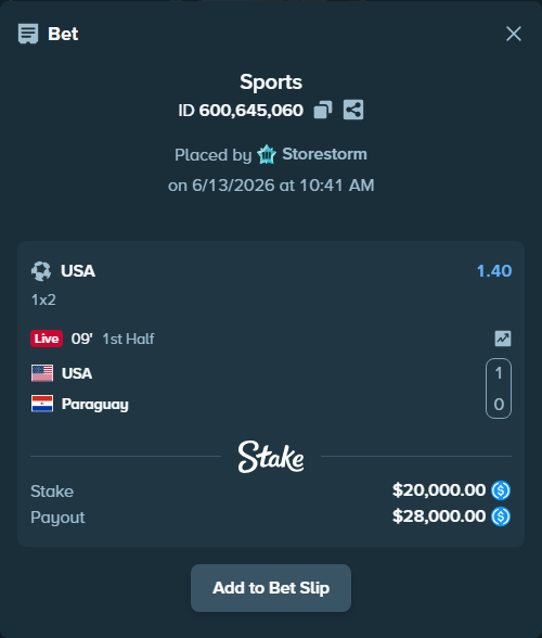 Bet slip: USA - Paraguay, $20,000.00 stake at 1.40 odds, placed by Storestorm