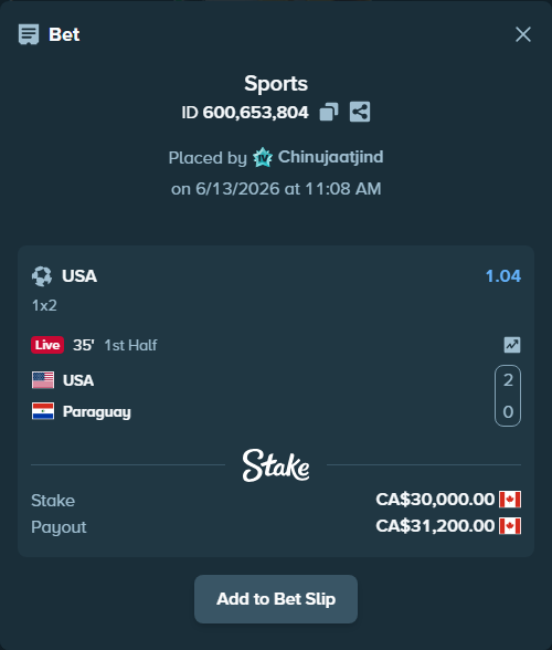 Bet slip: USA - Paraguay, $22,200.00 stake at 1.04 odds, placed by Chinujaatjind
