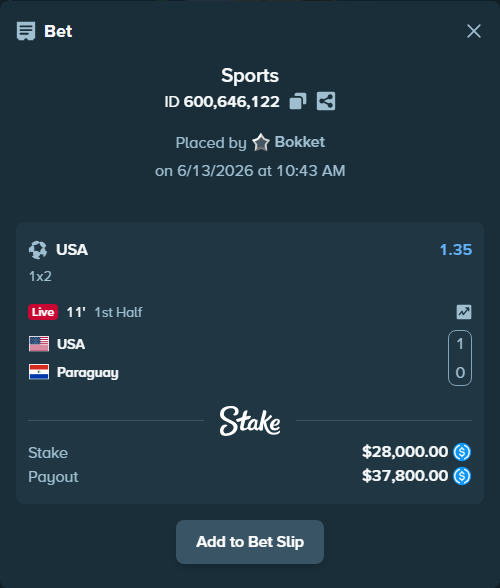 Bet slip: USA - Paraguay, $28,000.00 stake at 1.35 odds, placed by Bokket